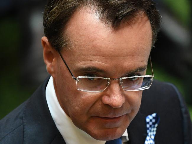 Victorian Opposition Leader Michael O'Brien makes statement paying respect to the deceased Victorian Police officers following the incident on the Eastern Freeway last night during a special sitting of the Parliament of Victoria at Parliament House in Melbourne, Thursday, April 23, 2020. (AAP Image/James Ross) NO ARCHIVING