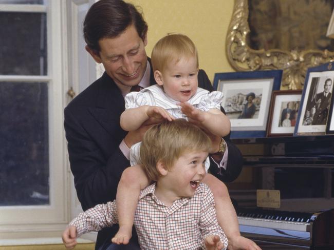 Prince Charles with his sons, Prince William and Prince Harry at Kensington Palace, London, 4th October 1985. (Photo by Tim Graham Photo Library via Getty Images)