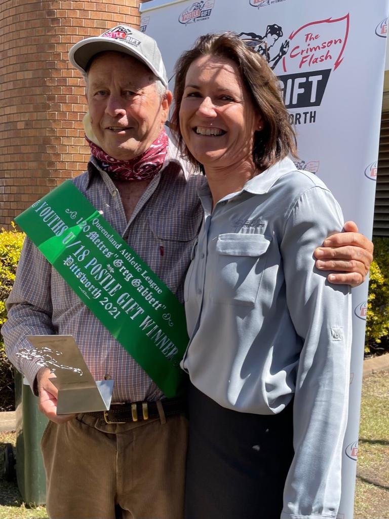 NAME REMEMBERED: The legacy of former Toowoomba barber and sprint champion Greg Gabbett, pictured here with close friend Kate Morrison, will be remembered after the Under 18 Postle Gift at Pittsworth was renamed in his honour.