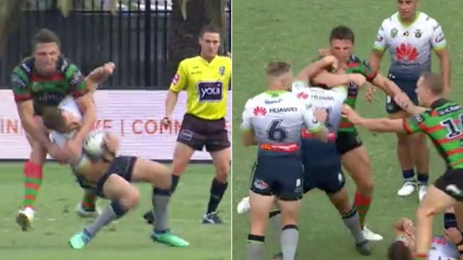 Sam Burgess faces another stint on the sidelines for this high shot on Aidan Sezer.