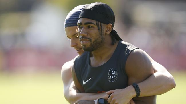 Quaynor and Ginnivan at training during grand final week. Picture: Getty Images