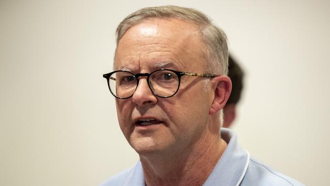 Anthony Albanese holds a press conference in Alice Springs after meeting with local leaders and Chief Minister Natasha Fyles. Picture: Liam Mendes / The Australian