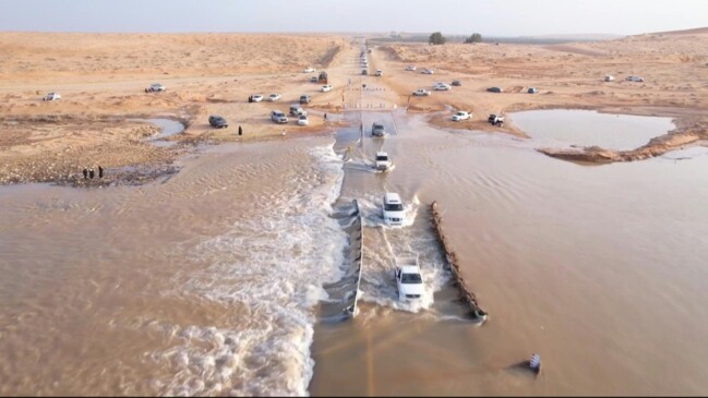 Aerial images of flooded Wadi Al-Rummah river valleys in Saudi Arabia ...