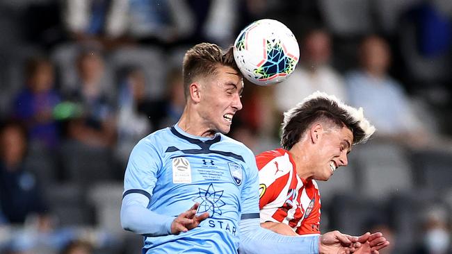 SYDNEY, AUSTRALIA - AUGUST 30: Joel King of Sydney FC heads the ball during the 2020 A-League Grand Final match between Sydney FC and Melbourne City at Bankwest Stadium on August 30, 2020 in Sydney, Australia. (Photo by Cameron Spencer/Getty Images)