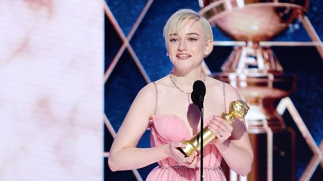 Julia Garner accepts the Best Supporting Actress in a Television Series – Musical-Comedy or Drama. Picture: Getty Images