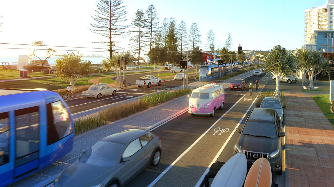 The concept plans for the light rail option operating along Alexandra Pde, Alexandra Headland.