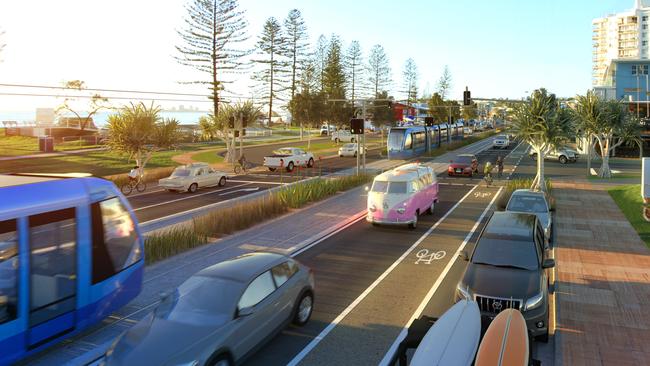 The concept plans for the light rail option operating along Alexandra Pde, Alexandra Headland.