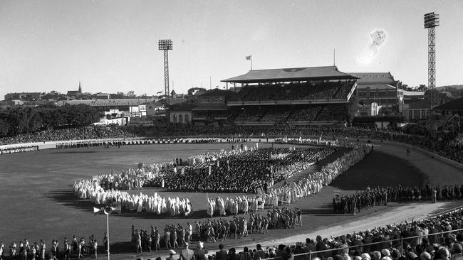 The Brisbane Exhibition Ground in June, 1952, hosting a Corpus Christi processio. Picture: Norm Lye