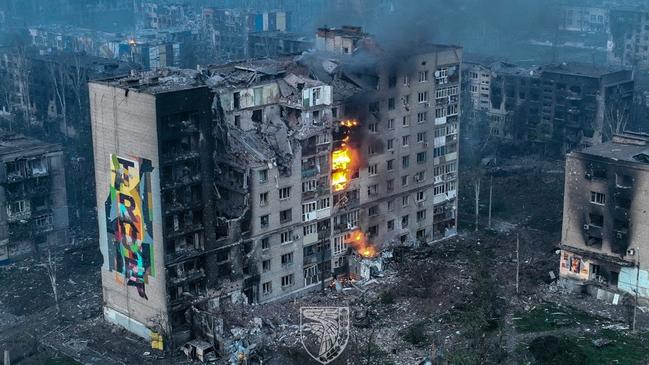 An aerial view shows destruction in the frontline town of Bakhmut, amid Russia's attack on Ukraine, in Donetsk region, Ukraine.