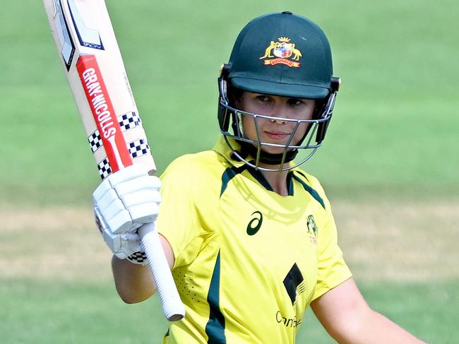 BRISBANE, AUSTRALIA - JANUARY 18: Phoebe Litchfield of Australia celebrates scoring a half century during game two of the Womens One Day International series between Australia and Pakistan at Allan Border Field on January 18, 2023 in Brisbane, Australia. (Photo by Bradley Kanaris/Getty Images)