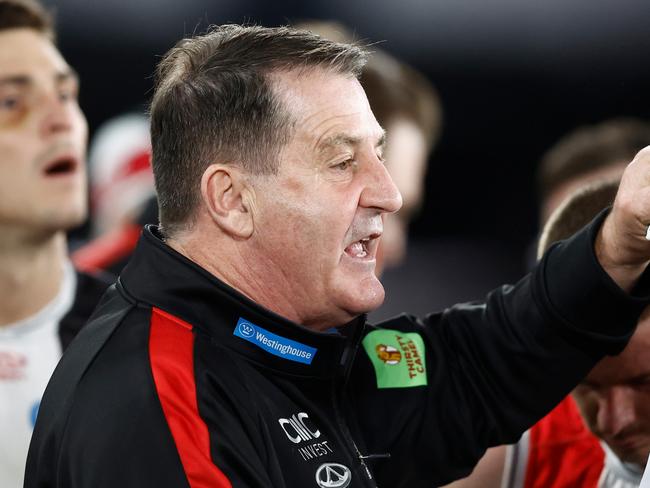 MELBOURNE, AUSTRALIA - JUNE 08: Ross Lyon, Senior Coach of the Saints addresses his players during the 2024 AFL Round 13 match between the St Kilda Saints and the Gold Coast SUNS at Marvel Stadium on June 08, 2024 in Melbourne, Australia. (Photo by Michael Willson/AFL Photos via Getty Images)