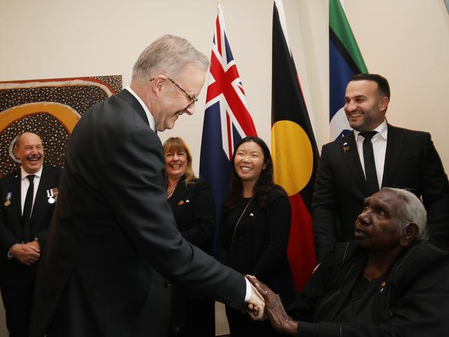 Anthony Albanese greets Aboriginal elder Miriam-Rose Ungunmerr-Baumann at the Australian High Commission on the eve of the Queen’s funeral. Picture: Ella Pellegrini