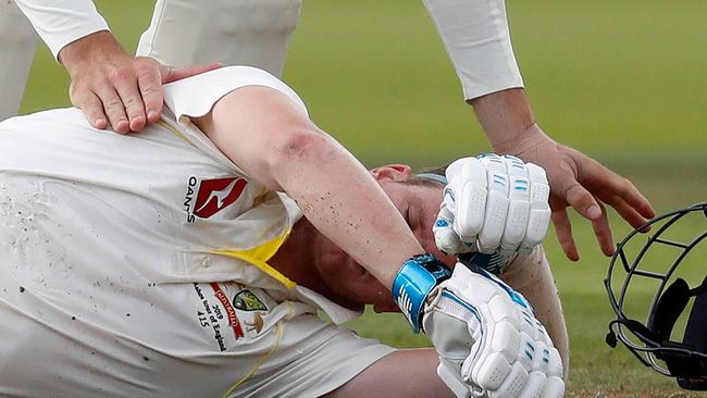 There was concern for Steve Smith as he fell to the pitch. Picture: AFP