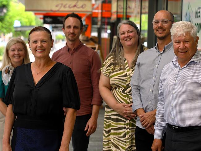 (Left to right): Debbie Rains of Gallivanter Travel, Townsville Chamber of Commerce president Miranda Mears, Mark Kennedy of Counterpoint Architecture, Chamber CEO Heidi Turner, Zammi Rohan, also of Counterpoint Architecture, and and Craig Stack, a senior partner at Knight Frank, in the CBD. Picture: Supplied