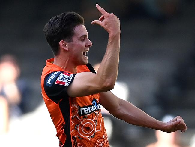 MELBOURNE, AUSTRALIA - JANUARY 22: Jhye Richardson of the Scorchers celebrates getting the wicket of Matthew Wade of the Hurricanes during the Big Bash League match between the Hobart Hurricanes and the Perth Scorchers at Marvel Stadium, on January 22, 2021, in Melbourne, Australia. (Photo by Quinn Rooney/Getty Images)