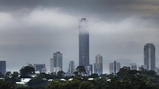 Surfers Paradise skyline among the clouds on Sunday morning. Picture Glenn Hampson