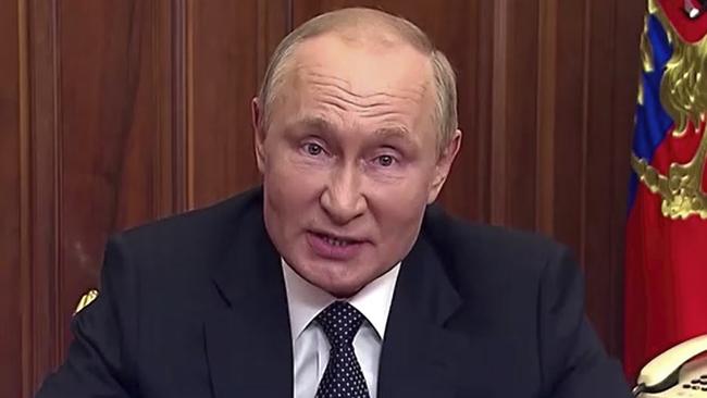 A handout picture released on September 21, 2022 by the Kremlin shows Russian President Vladimir Putin speaking during a televised address to the nation in Moscow. Picture: Reuters