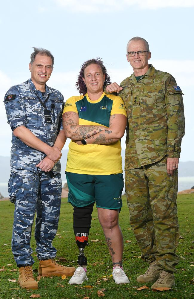 Wing Commander Paul Howell, CO 65 Air Base Recovery Squadron, Ainsley Hooker – Invictus Games Alumni and Warrior Games and LTCOL Simon O'Regan, Senior Health Officer, Headquarters 3 Brigade, Invictus Games Coach, at the launch of Invictus Australia in NQ. Picture: Shae Beplate.