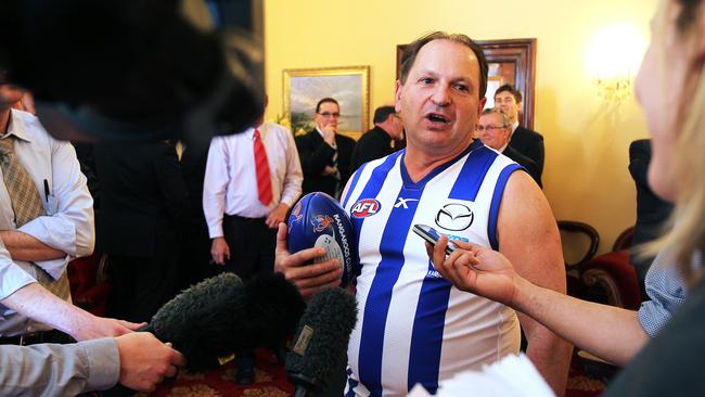 North Melbourne AFL (Australian Football League) football deal for games at Bellerive Oval officially signed off, with representatives from the AFL, North Melbourne, AFL Tasmania, the Hobart Chamber of Commerce and the Hobart City Council (HCC) at a meeting at the Hobart Town Hall, alderman Marti Zucco speaks to the media