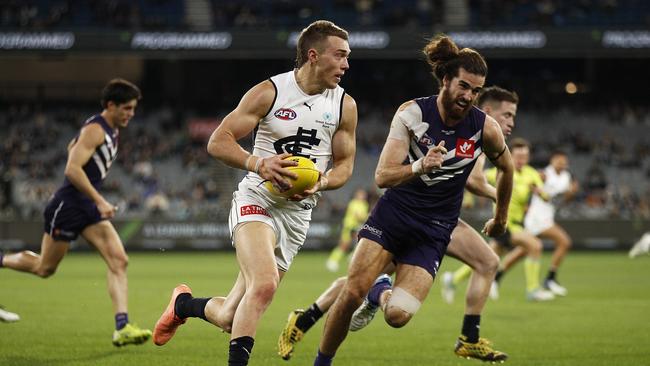 He returned and battled on to play out the game. Picture: Daniel Pockett/AFL Photos/via Getty Images