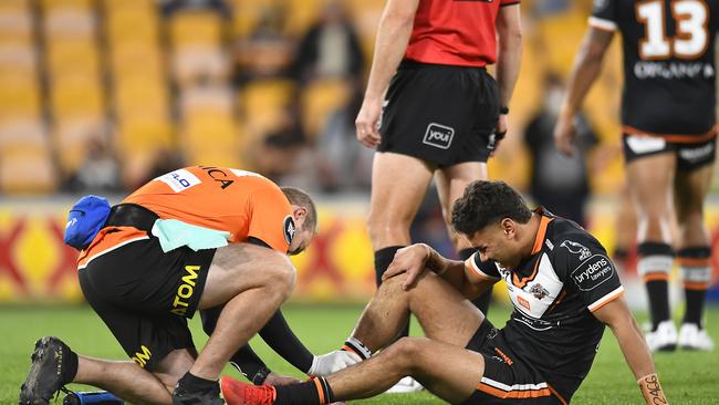 The night started horribly for the tigers, losing Daine Laurie to a suspected broken leg. Picture: Getty Images.