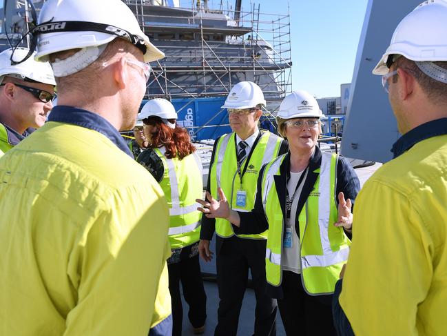 Defence Minister Linda Reynolds speaking to workers on the deck of a ship being built at ASC Osborne in June. Picture: AAP