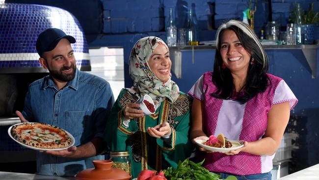 Ettore Bertonati from Madre, Huda Al Sultan from Sassi Ice Cream and Daniella Guevara from La Popular Taqueria showcase their cuisines at Madre restaurant. Picture: Sam Wundke/AAP