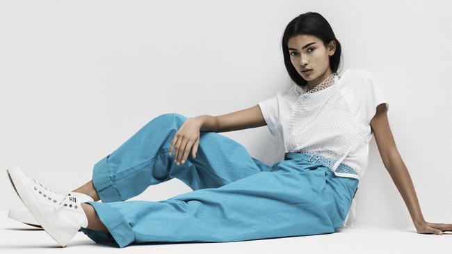 Kelly Gale poses for Stellar in NYC wearing G-Star RAW t-shirt (worn underneath) and shoes, Christopher Esber sheer top and pants. Picture: Max Papendieck