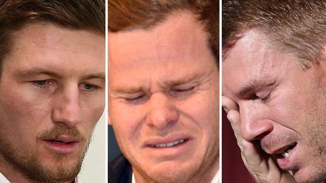 Cameron Bancroft, Steve Smith and David Warner all copped bans in the fallout from the ball-tampering scandal in South Africa. Picture: AFP PHOTO