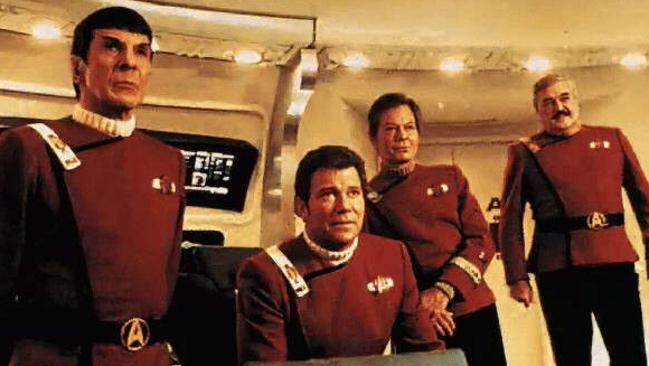 The crew of Star Trek 4: The Voyage Home Leonard Nimoy as Spock, William Shatner as Admiral James T Kirk, DeForest Kelley as Dr Leonard ‘Bones’ McCoy, and James Doohan as Scotty