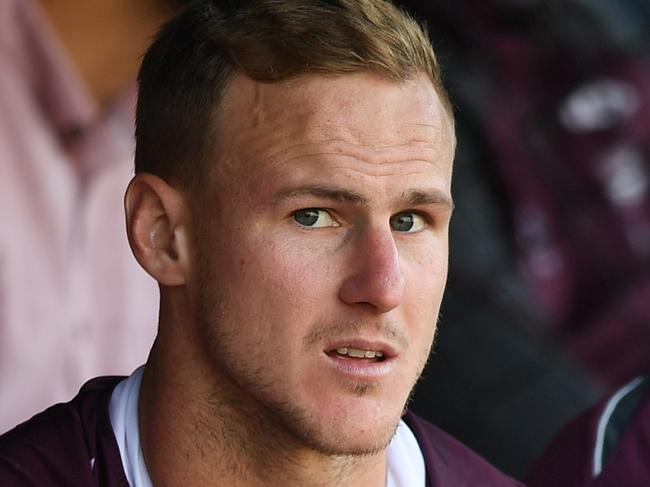 Daly Cherry-Evans of the Sea Eagles seen on the bench after sustaining an injury during the Round 7 NRL match between the Manly Sea Eagles and the Canberra Raiders at Lottoland in Sydney, Sunday, April 28, 2019. (AAP Image/Joel Carrett) NO ARCHIVING, EDITORIAL USE ONLY