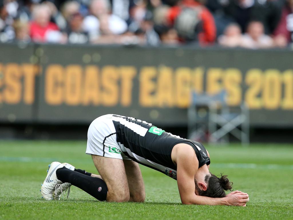 Brodie Grundy on the final siren. Picture: Michael Klein