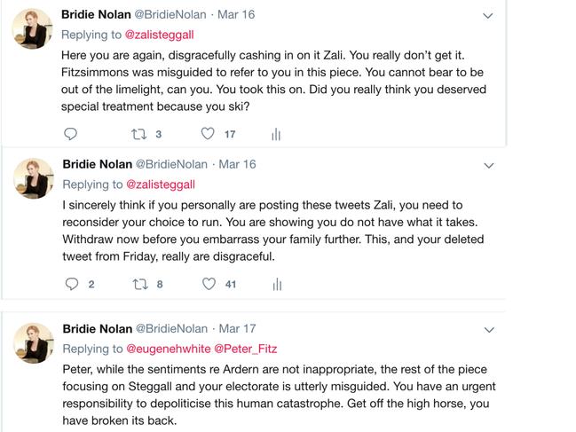 Screengrabs if Bridie Nolan’s twitter feed criticising Zali Steggall