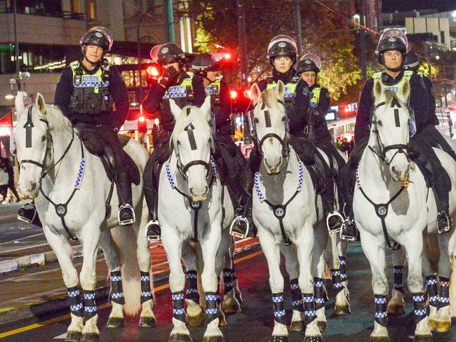 MAY 26, 2023: Police horses watch the protest rally walk along King William St protesting against anti protesting laws. Picture: Brenton Edwards