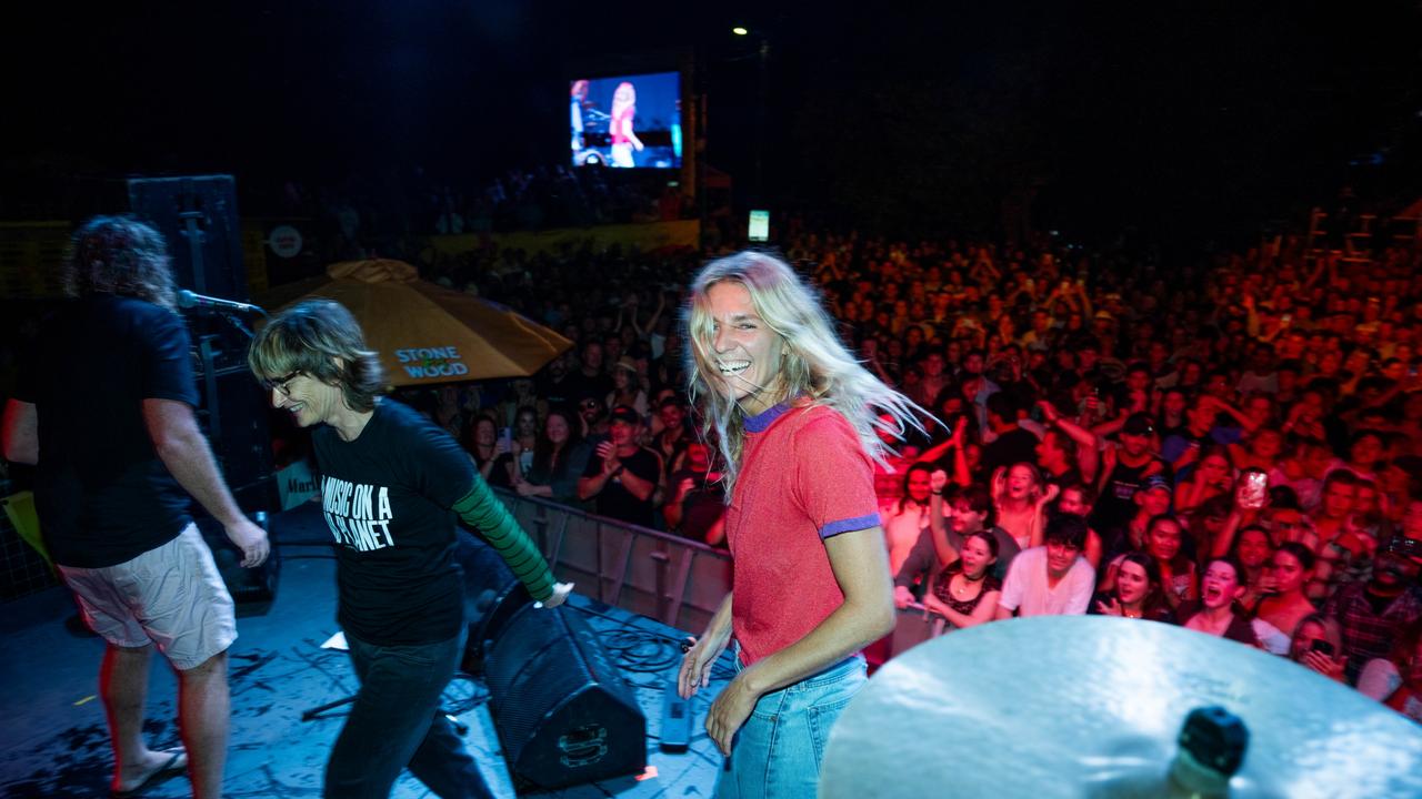 Stephanie Gilmore is winning in and out of the water - she’s through to the next stages of the Gold Coast Pro but took time out to shred guitar with Spiderbait on stage on Sunday. (Photo by Hannah Anderson/World Surf League)