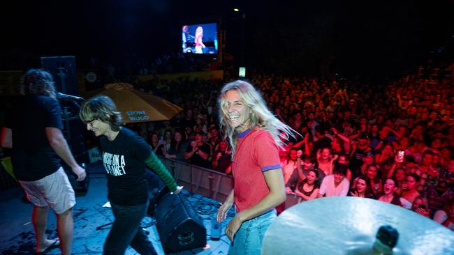 Stephanie Gilmore is winning in and out of the water - she’s through to the next stages of the Gold Coast Pro but took time out to shred guitar with Spiderbait on stage on Sunday. (Photo by Hannah Anderson/World Surf League)