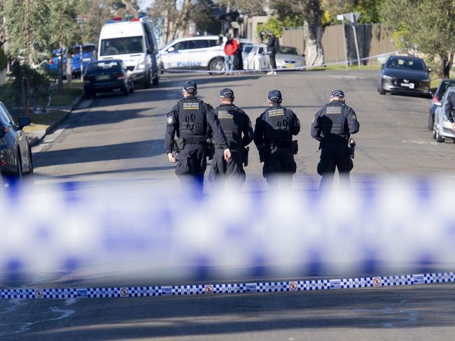 SYDNEY, AUSTRALIA. NewsWire Photos.,  July 20, 2024., A crime scene is established in Spring Street, Concord. Man dies following after the death of a man following a stabbing overnight. Officers attached to Burwood Police Area Command arrived to find a man in his 30s outside the property with multiple stabs wounds to his chest., Picture: NewsWire / Jeremy Piper ,