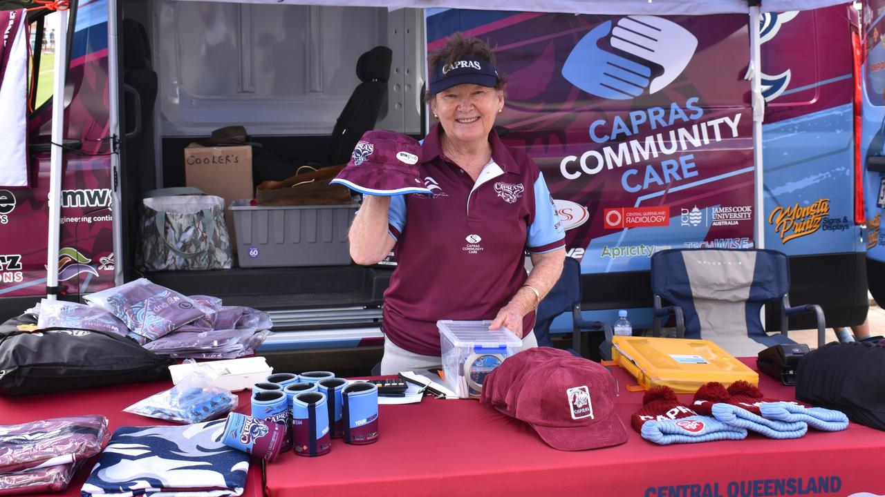 Jenny Hilcher at the merchandise stall at the CQ Capras underage teams first games at Browne Park, Rockhampton, on February 25, 2023.