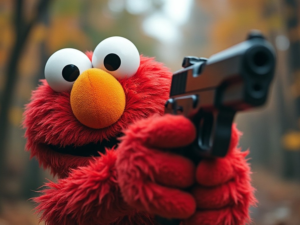 An AI-generated image of Elmo with a gun. Picture: X/Grok