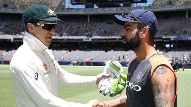 Tim Paine and Virat Kohli shake hands at the end of the second Test. 