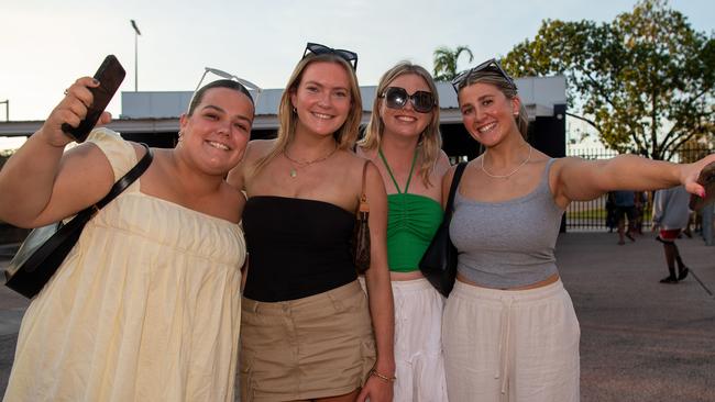 Maggie Evans, Annie Gersch, Siobhan Johnson snd Kasey Powell at the Gold Coast Suns vs Geelong Cats Round 10 AFL match at TIO Stadium. Picture: Pema Tamang Pakhrin