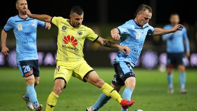 Jaushua Sotirio and Ryhan Grant battle for possession. Picture: Getty Images