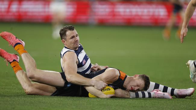 Patrick Dangerfield was offered a one-match suspension for this tackle on Sam Walsh. Picture: Michael Klein