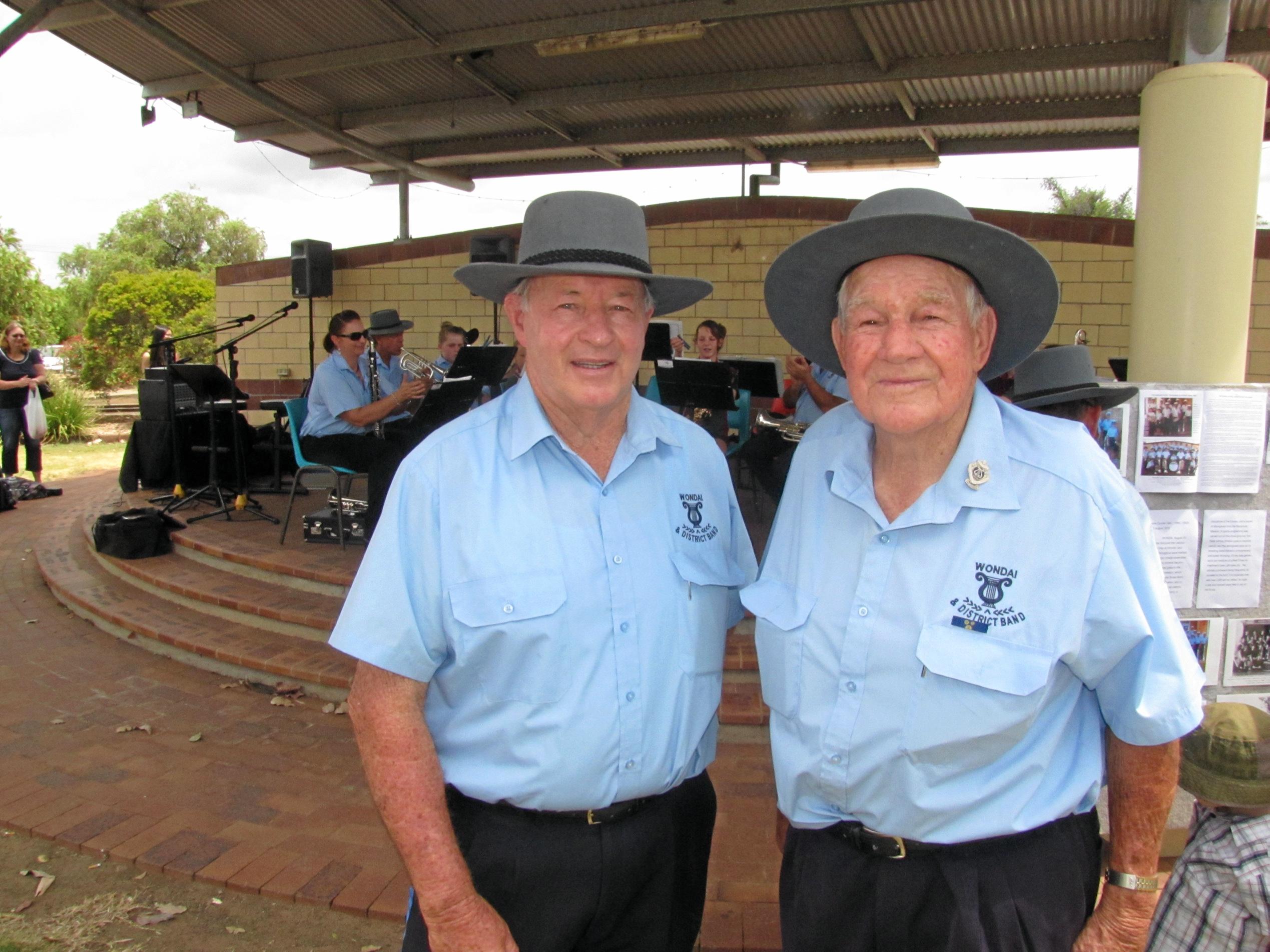 MILESTONE: Wondai and District Band members Winston Burrows and Percy Iszlaub celebrated the band's centenary at the Wondai Markets on Saturday. Winston has been a member of the band for 51 years and Percy for 70 years.Photo: Katrina Scott / South Burnett Times. Picture: Katrina Scott