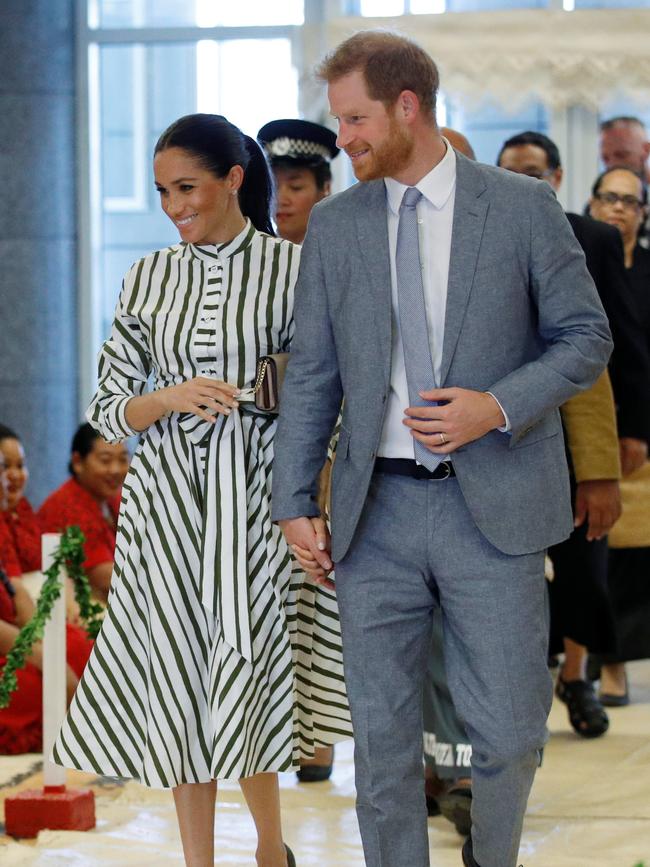 They held hands again on their way to meet Tonga Prime Minister, Akilisi Pohiva. Picture: Getty Images