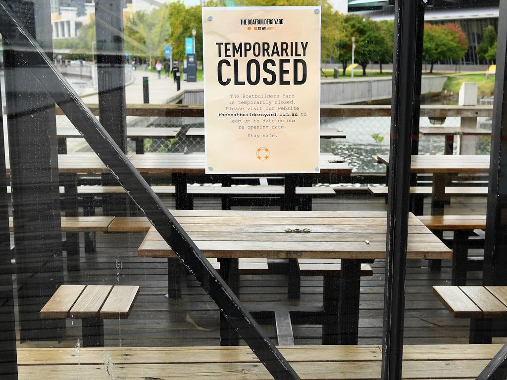 A note to customers is stuck on the window in Melbourne after restaurants were ordered to close on March 23. Picture: Quinn Rooney/Getty Images