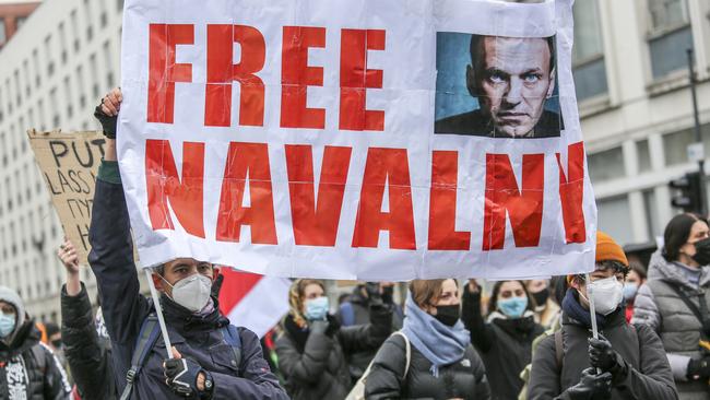 In Berlin, Germany, about 2500 supporters of Russian opposition politician Alexei Navalny demand his release from prison on January 23. Picture: Omer Messinger/Getty Images