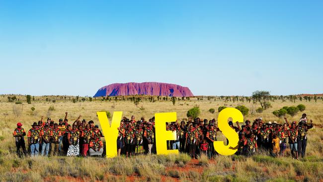 Loud and clear … 90 delegates of the Central Land Council gather near Uluru to represent their remote communities and get their message across regarding the voice to parliament. Picture: Central Land Council