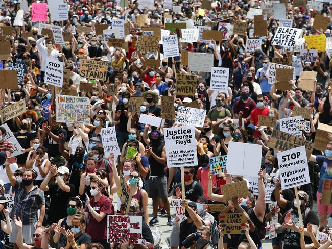 Demonstrators protest social injustice by the police at the Philadelphia Museum of Art along the Benjamin Franklin Parkway. Picture: AP