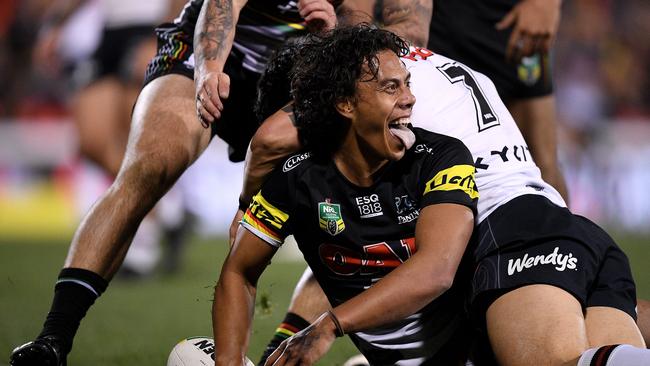 Jarome Luai of the Panthers celebrates after scoring a try during the Round 17 NRL match between the Penrith Panthers and the Warriors at Panthers Stadium in Sydney, Friday, July 6, 2018. (AAP Image/Dan Himbrechts) NO ARCHIVING, EDITORIAL USE ONLY